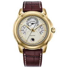 Load image into Gallery viewer, CITIZEN Mens ECO ECO Gold-Tone Stainless Steel Case, Brown Leather Strap, Gold-Tone Dial, WR 0100M BU0082-06P - Moments Watches & Jewelry