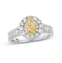 1.08ct Oval Fancy Yellow Diamond Set in 18k White Gold with 0.92ct Round Diamonds - G-H, VS-SI"