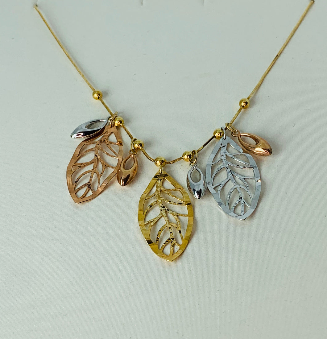 18K Three Tone Gold Necklace Fancy Three Leaves Design