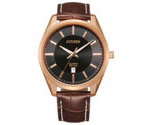 Load image into Gallery viewer, CITIZEN Mens QTZ QTZ Rose Gold-Tone Stainless Steel Case, Brown Leather Strap, Black  Dial, WR 0100M BI1033-04E
