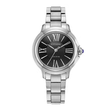 Load image into Gallery viewer, CITIZEN Ladies ECO ECO Silver-Tone Stainless Steel Case, Silver-Tone Stainless Steel Bracelet, Black  Dial, WR 0050M EM1160-58E - Moments Watches &amp; Jewelry
