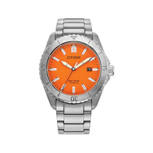 Load image into Gallery viewer, CITIZEN Mens ECO ECO Silver-Tone Super Titanium Case, Silver-Tone Super Titanium Bracelet, Orange  Dial, WR 0100M AW1840-50X
