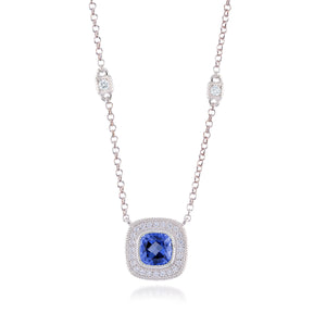 MISS MIMI  925 Sterling Silver Milgrain contour, lab grown blue sapphire Necklace  04-021788-01