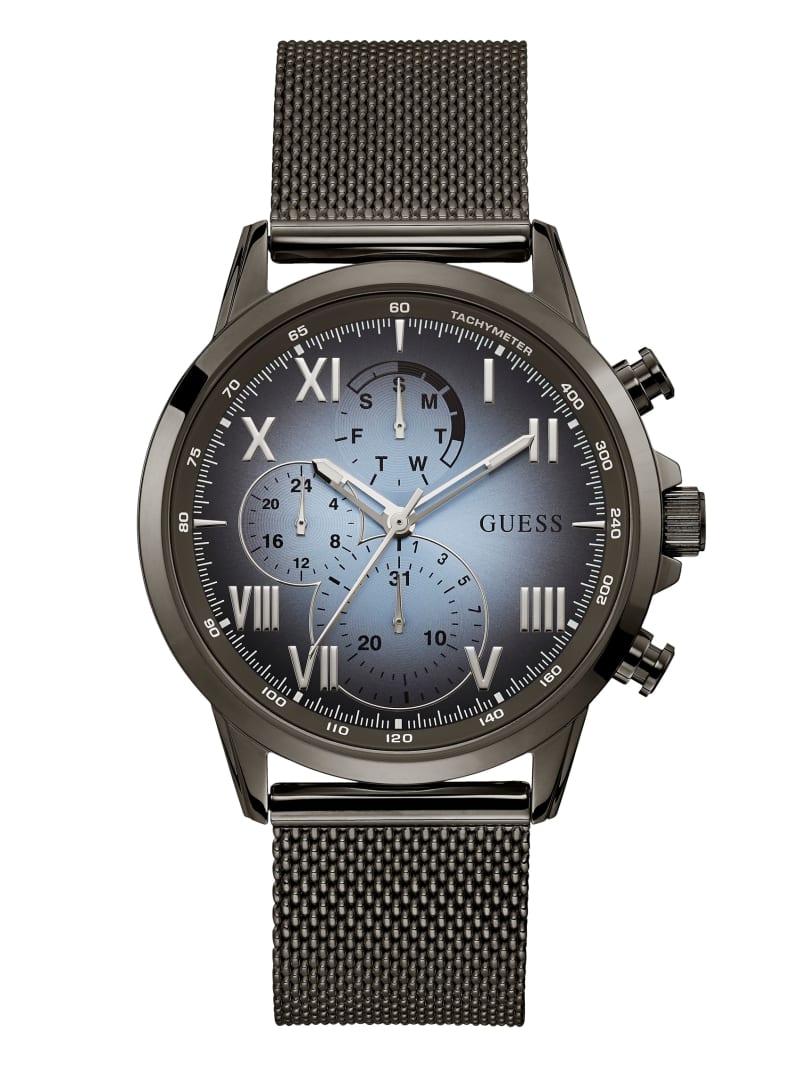 GUESS Gunmetal And Blue Mesh Multifunctional Watch U1310G3